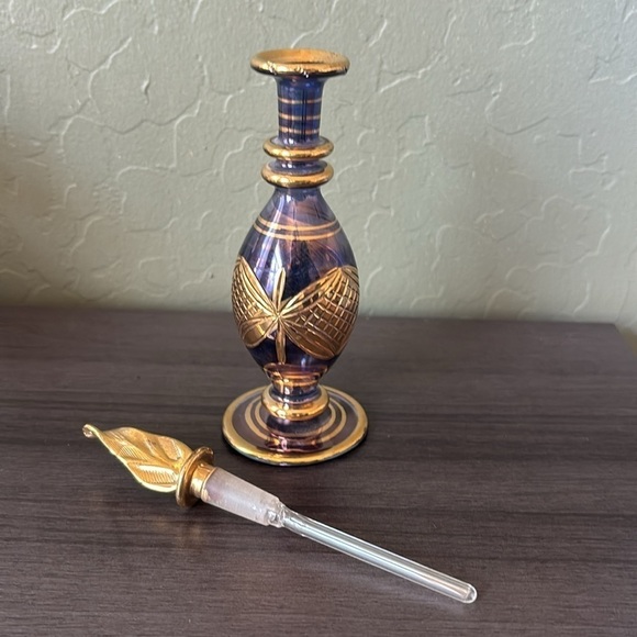 Egyptian Purple and Gold Glass Perfume Bottle with Stopper - Picture 3 of 7